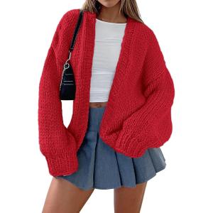 imagePRETTYGARDEN Cardigan Sweaters for Women Trendy Fall Fashion 2025 Long Sleeve Chunky Knit Cardigans Winter Clothing OutfitsRed