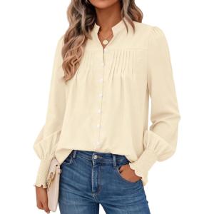 imagePRETTYGARDEN Fall Lantern Long Sleeve Shirts for Women 2025 Trendy Button Vneck Pullover Henley Tops Dressy Work BlousesBeige