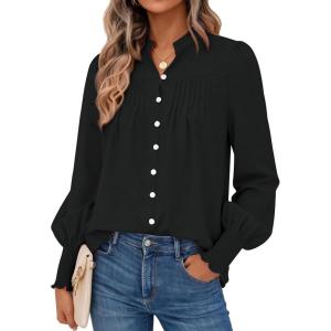imagePRETTYGARDEN Fall Lantern Long Sleeve Shirts for Women 2025 Trendy Button Vneck Pullover Henley Tops Dressy Work BlousesBlack