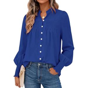 imagePRETTYGARDEN Fall Lantern Long Sleeve Shirts for Women 2025 Trendy Button Vneck Pullover Henley Tops Dressy Work BlousesBlue