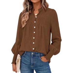 imagePRETTYGARDEN Fall Lantern Long Sleeve Shirts for Women 2025 Trendy Button Vneck Pullover Henley Tops Dressy Work BlousesBrown