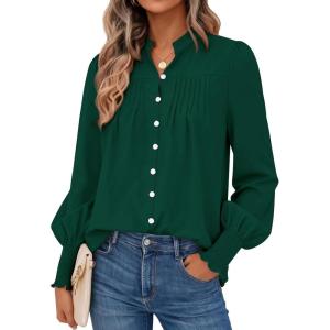 imagePRETTYGARDEN Fall Lantern Long Sleeve Shirts for Women 2025 Trendy Button Vneck Pullover Henley Tops Dressy Work BlousesDark Green