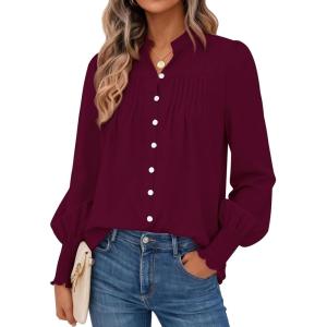 imagePRETTYGARDEN Fall Lantern Long Sleeve Shirts for Women 2025 Trendy Button Vneck Pullover Henley Tops Dressy Work BlousesWine Red