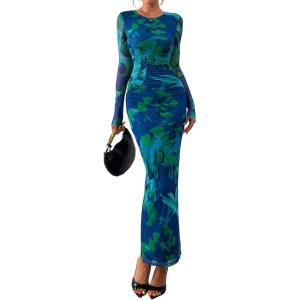 imagePRETTYGARDEN Fall Wedding Guest Dresses for Women 2025 Long Sleeve Ruched Sexy Bodycon Floral Mesh Cocktail Party Maxi DressGreen Floral