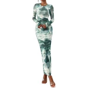 imagePRETTYGARDEN Fall Wedding Guest Dresses for Women 2025 Long Sleeve Ruched Sexy Bodycon Floral Mesh Cocktail Party Maxi DressGrey Green Floral