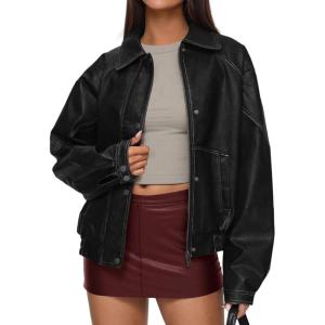 imagePRETTYGARDEN Faux Leather Jacket Women Bomber Motorcycle Zip Up Jackets Oversized Fall Fashion Outfits 2025 Winter CoatsBlack