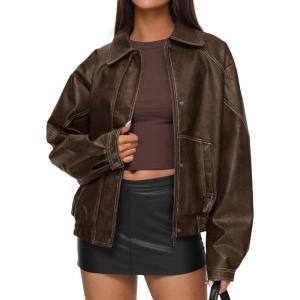 imagePRETTYGARDEN Faux Leather Jacket Women Bomber Motorcycle Zip Up Jackets Oversized Fall Fashion Outfits 2025 Winter CoatsBrown