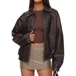 imagePRETTYGARDEN Faux Leather Jacket Women Bomber Motorcycle Zip Up Jackets Oversized Fall Fashion Outfits 2025 Winter CoatsDark Brown