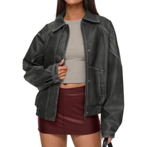 imagePRETTYGARDEN Faux Leather Jacket Women Bomber Motorcycle Zip Up Jackets Oversized Fall Fashion Outfits 2025 Winter CoatsGrey