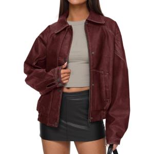 imagePRETTYGARDEN Faux Leather Jacket Women Bomber Motorcycle Zip Up Jackets Oversized Fall Fashion Outfits 2025 Winter CoatsWine Red