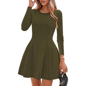 imagePRETTYGARDEN Long Sleeve Mini Dress for Women 2025 Fall Crewneck Knit Pleated Babydoll A Line Soft Casual Short Party DressesArmy Green