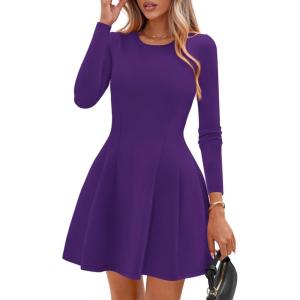 imagePRETTYGARDEN Long Sleeve Mini Dress for Women 2025 Fall Crewneck Knit Pleated Babydoll A Line Soft Casual Short Party DressesPurple