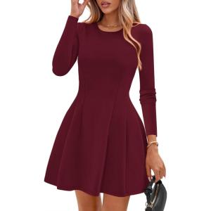 imagePRETTYGARDEN Long Sleeve Mini Dress for Women 2025 Fall Crewneck Knit Pleated Babydoll A Line Soft Casual Short Party DressesWine Red