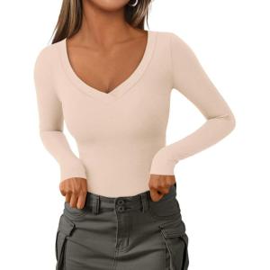 imagePRETTYGARDEN Long Sleeve Shirts for Women 2025 Fall Fashion V Neck Going Out Tops Slim Fit Basic Tees Y2K ClothesApricot