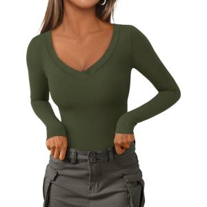 imagePRETTYGARDEN Long Sleeve Shirts for Women 2025 Fall Fashion V Neck Going Out Tops Slim Fit Basic Tees Y2K ClothesArmy Green