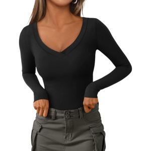 imagePRETTYGARDEN Long Sleeve Shirts for Women 2025 Fall Fashion V Neck Going Out Tops Slim Fit Basic Tees Y2K ClothesBlack