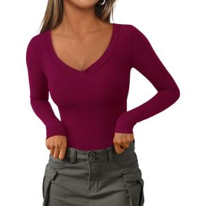 imagePRETTYGARDEN Long Sleeve Shirts for Women 2025 Fall Fashion V Neck Going Out Tops Slim Fit Basic Tees Y2K ClothesBurgundy