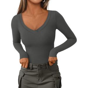 imagePRETTYGARDEN Long Sleeve Shirts for Women 2025 Fall Fashion V Neck Going Out Tops Slim Fit Basic Tees Y2K ClothesDark Grey