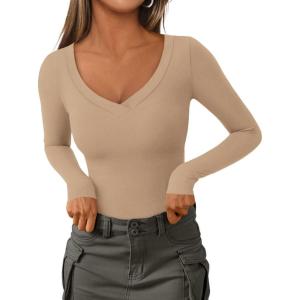 imagePRETTYGARDEN Long Sleeve Shirts for Women 2025 Fall Fashion V Neck Going Out Tops Slim Fit Basic Tees Y2K ClothesKhaki