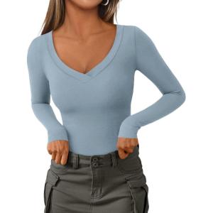 imagePRETTYGARDEN Long Sleeve Shirts for Women 2025 Fall Fashion V Neck Going Out Tops Slim Fit Basic Tees Y2K ClothesLight Grey Blue