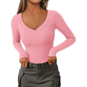 imagePRETTYGARDEN Long Sleeve Shirts for Women 2025 Fall Fashion V Neck Going Out Tops Slim Fit Basic Tees Y2K ClothesPink