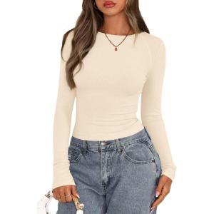 imagePRETTYGARDEN Long Sleeve Shirts for Women 2025 Fall Going Out Tops Casual Ribbed Knit Slim Fitted Basic Tees Y2K ClothesBeige