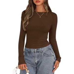 imagePRETTYGARDEN Long Sleeve Shirts for Women 2025 Fall Going Out Tops Casual Ribbed Knit Slim Fitted Basic Tees Y2K ClothesBrown