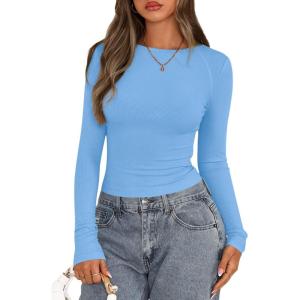 imagePRETTYGARDEN Long Sleeve Shirts for Women 2025 Fall Going Out Tops Casual Ribbed Knit Slim Fitted Basic Tees Y2K ClothesLight Blue