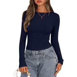 imagePRETTYGARDEN Long Sleeve Shirts for Women 2025 Fall Going Out Tops Casual Ribbed Knit Slim Fitted Basic Tees Y2K ClothesNavy Blue