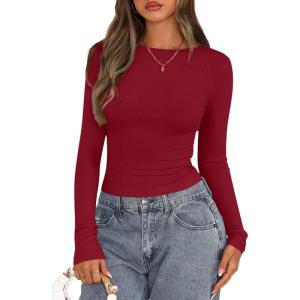 imagePRETTYGARDEN Long Sleeve Shirts for Women 2025 Fall Going Out Tops Casual Ribbed Knit Slim Fitted Basic Tees Y2K ClothesRed
