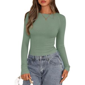imagePRETTYGARDEN Long Sleeve Shirts for Women 2025 Fall Going Out Tops Casual Ribbed Knit Slim Fitted Basic Tees Y2K ClothesSage Green