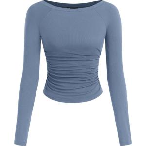 imagePRETTYGARDEN Long Sleeve Shirts for Women 2025 Fall Ruched Sides Boat Neck Basic Tee Casual Fitted Ribbed Knit Crop TopsBlue Grey