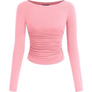 imagePRETTYGARDEN Long Sleeve Shirts for Women 2025 Fall Ruched Sides Boat Neck Basic Tee Casual Fitted Ribbed Knit Crop TopsLight Pink