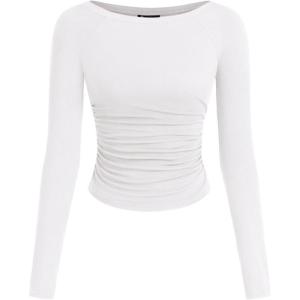 imagePRETTYGARDEN Long Sleeve Shirts for Women 2025 Fall Ruched Sides Boat Neck Basic Tee Casual Fitted Ribbed Knit Crop TopsWhite