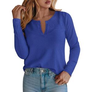 imagePRETTYGARDEN Long Sleeve Shirts for Women 2025 Fall V Neck Waffle Basic Tee Dressy Casual Winter Blouses Knit Tunic TopsBlue