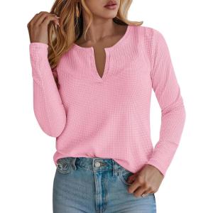 imagePRETTYGARDEN Long Sleeve Shirts for Women 2025 Fall V Neck Waffle Basic Tee Dressy Casual Winter Blouses Knit Tunic TopsPink