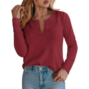 imagePRETTYGARDEN Long Sleeve Shirts for Women 2025 Fall V Neck Waffle Basic Tee Dressy Casual Winter Blouses Knit Tunic TopsWine Red