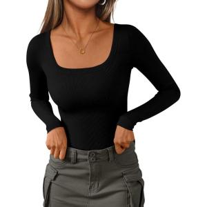 imagePRETTYGARDEN Long Sleeve Shirts for Women Fall Outfits 2025 Ribbed Basic Tees Scoop Neck Going Out Tops Fashion ClothingBlack