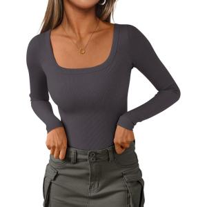 imagePRETTYGARDEN Long Sleeve Shirts for Women Fall Outfits 2025 Ribbed Basic Tees Scoop Neck Going Out Tops Fashion ClothingDark Grey