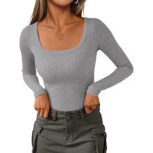 imagePRETTYGARDEN Long Sleeve Shirts for Women Fall Outfits 2025 Ribbed Basic Tees Scoop Neck Going Out Tops Fashion ClothingGrey