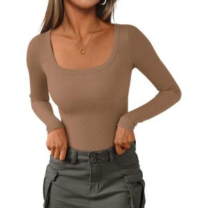 imagePRETTYGARDEN Long Sleeve Shirts for Women Fall Outfits 2025 Ribbed Basic Tees Scoop Neck Going Out Tops Fashion ClothingLight Khaki