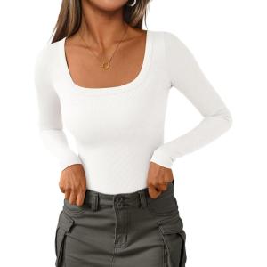imagePRETTYGARDEN Long Sleeve Shirts for Women Fall Outfits 2025 Ribbed Basic Tees Scoop Neck Going Out Tops Fashion ClothingWhite