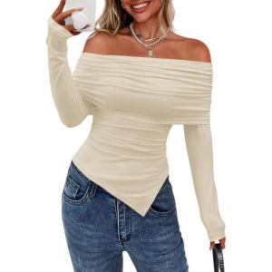 imagePRETTYGARDEN Off The Shoulder Tops for Women Fall Fashion 2025 Long Sleeve Shirts Going Out Slim Fitted Blouses Y2K ClothesBeige