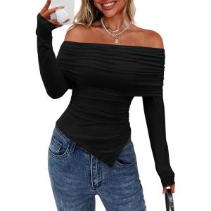 imagePRETTYGARDEN Off The Shoulder Tops for Women Fall Fashion 2025 Long Sleeve Shirts Going Out Slim Fitted Blouses Y2K ClothesBlack