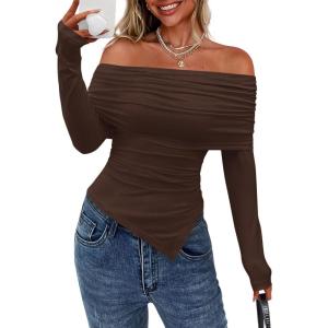 imagePRETTYGARDEN Off The Shoulder Tops for Women Fall Fashion 2025 Long Sleeve Shirts Going Out Slim Fitted Blouses Y2K ClothesBrown