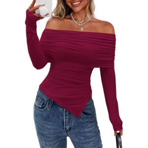 imagePRETTYGARDEN Off The Shoulder Tops for Women Fall Fashion 2025 Long Sleeve Shirts Going Out Slim Fitted Blouses Y2K ClothesBurgundy