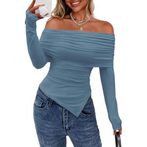 imagePRETTYGARDEN Off The Shoulder Tops for Women Fall Fashion 2025 Long Sleeve Shirts Going Out Slim Fitted Blouses Y2K ClothesGrey Blue