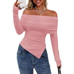 imagePRETTYGARDEN Off The Shoulder Tops for Women Fall Fashion 2025 Long Sleeve Shirts Going Out Slim Fitted Blouses Y2K ClothesPink