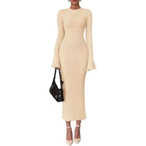 imagePRETTYGARDEN Sweater Dresses for Women 2025 Fall Bell Long Sleeve Crew Neck Bodycon Maxi Dress Winter Ribbed Knit OutfitsBeige