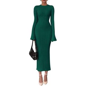imagePRETTYGARDEN Sweater Dresses for Women 2025 Fall Bell Long Sleeve Crew Neck Bodycon Maxi Dress Winter Ribbed Knit OutfitsGreen